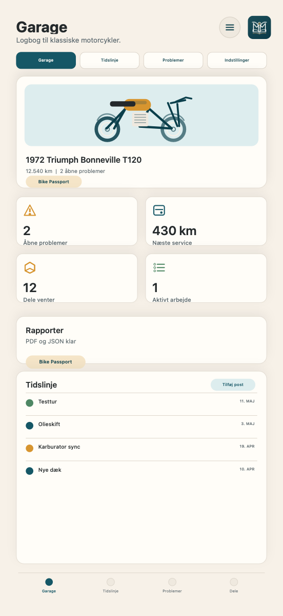 MotoClassic Logbook-motorcykelprofil og tidslinje på iPhone