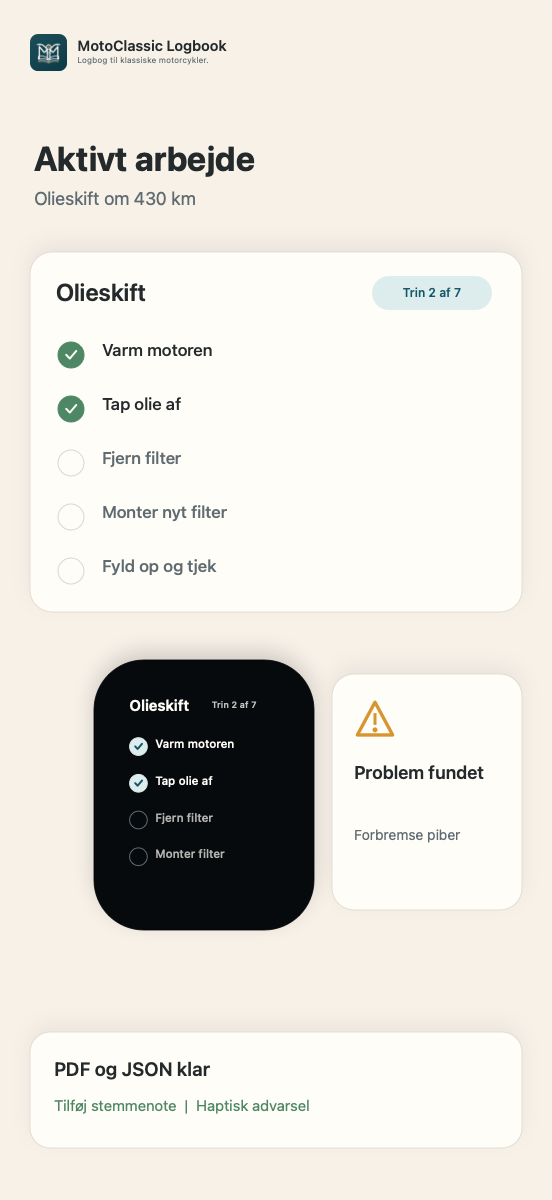 MotoClassic Logbook-tjekliste og overførsel til Apple Watch