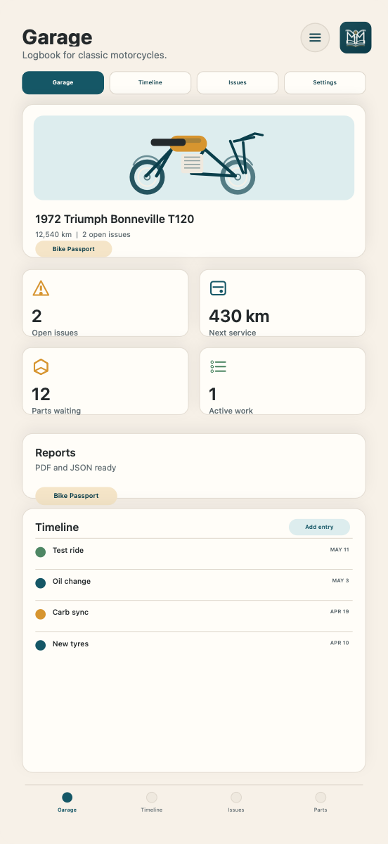 Motorradprofil und Zeitleiste in MotoClassic Logbook auf dem iPhone